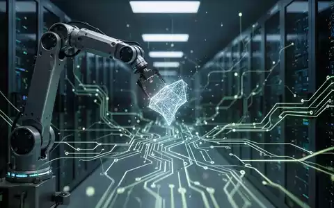 Ein Roboterarm platziert einen leuchtenden Datenpunkt in einem Netzwerk aus Schaltkreisen, symbolisch für Automatisierung und KI. - Foto: über boerse-global.de