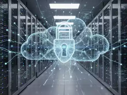 Eine leuchtende KI-Neuronale-Netzwerk-Schnittstelle überlagert Serverracks in einem modernen Rechenzentrum, symbolisiert KI in der Cloud-Sicherheit. - Foto: über boerse-global.de