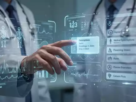 Eine Arzt-Hand interagiert mit einem leuchtenden holografischen medizinischen Interface, das Patientendaten und digitale Rezepte anzeigt. - Foto: über boerse-global.de
