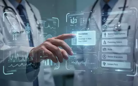 Eine Arzt-Hand interagiert mit einem leuchtenden holografischen medizinischen Interface, das Patientendaten und digitale Rezepte anzeigt. - Foto: über boerse-global.de