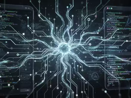 Glühendes, abstraktes neuronales Netzwerk oder Leiterplatte als Web- oder App-Oberfläche mit Datenströmen und Code-Elementen. - Foto: über boerse-global.de