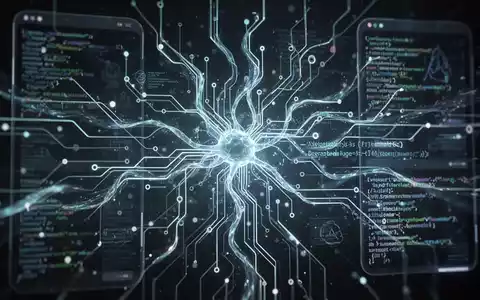 Glühendes, abstraktes neuronales Netzwerk oder Leiterplatte als Web- oder App-Oberfläche mit Datenströmen und Code-Elementen. - Foto: über boerse-global.de