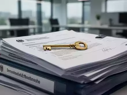 Eine Nahaufnahme eines Stapels offizieller deutscher Regierungsdokumente mit einem goldenen Schlüssel darauf, der Effizienz und den Abbau bürokratischer Hürden symbolisiert. - Foto: über boerse-global.de