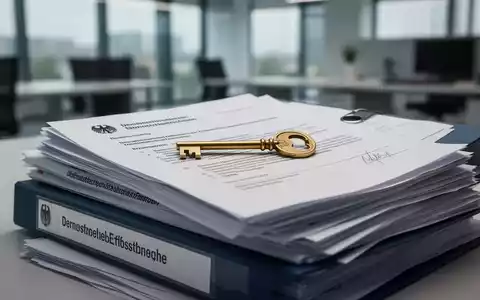 Eine Nahaufnahme eines Stapels offizieller deutscher Regierungsdokumente mit einem goldenen Schlüssel darauf, der Effizienz und den Abbau bürokratischer Hürden symbolisiert. - Foto: über boerse-global.de