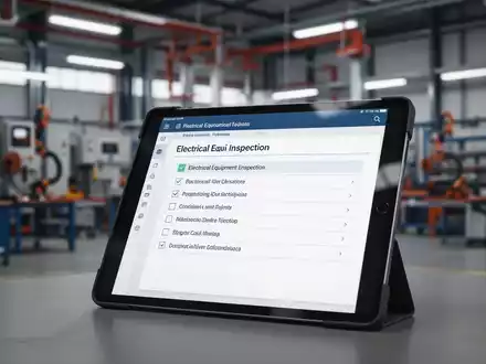 Ein Tablet zeigt eine digitale Checkliste für die Prüfung elektrischer Betriebsmittel in einer modernen Werkstattumgebung. - Foto: über boerse-global.de