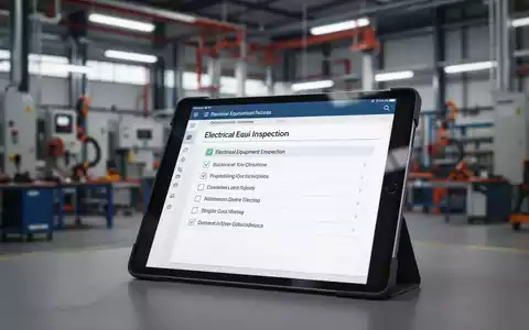 Ein Tablet zeigt eine digitale Checkliste für die Prüfung elektrischer Betriebsmittel in einer modernen Werkstattumgebung. - Foto: über boerse-global.de