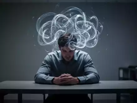Eine Person sitzt in gedämpftem Licht, über einen Schreibtisch gebeugt, mit einem leuchtenden, abstrakten Muster, das ihren Kopf umgibt. - Foto: über boerse-global.de