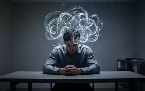 Eine Person sitzt in gedämpftem Licht, über einen Schreibtisch gebeugt, mit einem leuchtenden, abstrakten Muster, das ihren Kopf umgibt. - Foto: über boerse-global.de