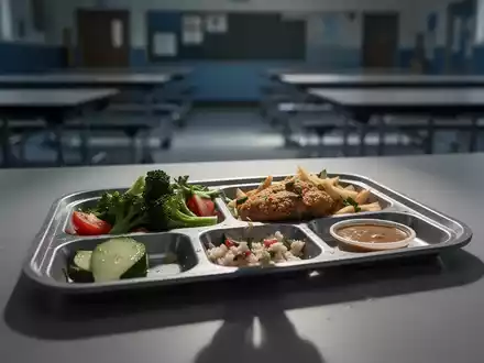 Ein Nahaufnahme eines Schulessens auf einem Tablett in einer leeren Cafeteria, symbolisiert die Herausforderungen der Schulverpflegung. - Foto: über boerse-global.de