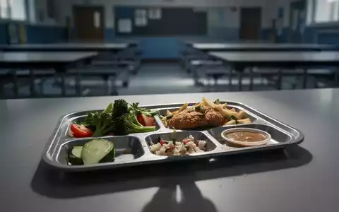 Ein Nahaufnahme eines Schulessens auf einem Tablett in einer leeren Cafeteria, symbolisiert die Herausforderungen der Schulverpflegung. - Foto: über boerse-global.de