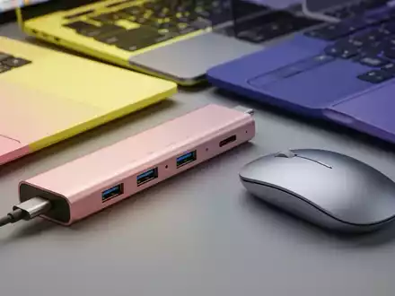 Schlanker USB-C-Hub und kabellose Maus in leuchtenden Farben, für ein modernes Laptop auf einem minimalistischen Schreibtisch. - Foto: über boerse-global.de