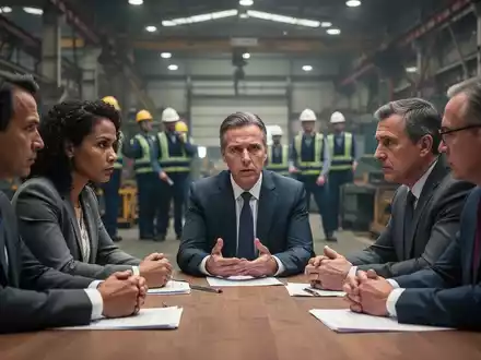 Eine Gruppe von Menschen, die Gewerkschaftsvertreter und Management darstellen, diskutiert ernsthaft in einer Fabrik. - Foto: über boerse-global.de