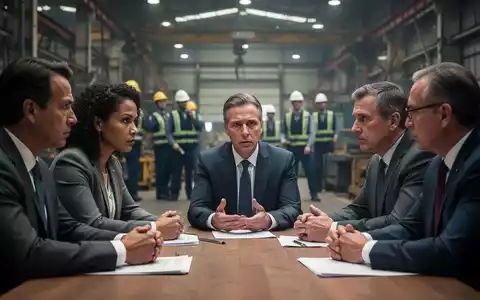 Eine Gruppe von Menschen, die Gewerkschaftsvertreter und Management darstellen, diskutiert ernsthaft in einer Fabrik. - Foto: über boerse-global.de