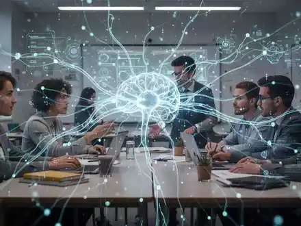 Eine futuristische, leuchtende neuronale Netzwerkschnittstelle überlagert einen Klassenraum, der KI in Bildung und Projekte integriert. - Foto: über boerse-global.de
