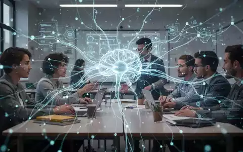 Eine futuristische, leuchtende neuronale Netzwerkschnittstelle überlagert einen Klassenraum, der KI in Bildung und Projekte integriert. - Foto: über boerse-global.de