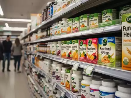 Ein Supermarktregal mit bunt verpackten Functional Foods und Nahrungsergänzungsmitteln, die Gesundheitsversprechen hervorheben. - Foto: über boerse-global.de