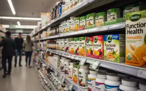 Ein Supermarktregal mit bunt verpackten Functional Foods und Nahrungsergänzungsmitteln, die Gesundheitsversprechen hervorheben. - Foto: über boerse-global.de