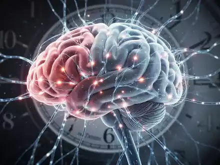 Eine Nahaufnahme eines stilisierten menschlichen Gehirns mit leuchtenden neuronalen Pfaden und einem Uhrelement im Hintergrund. - Foto: über boerse-global.de