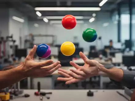 Hände jonglieren drei bunte Bälle in einem unscharfen, modernen Büroumfeld, symbolisierend mentale Fitness und Konzentration. - Foto: über boerse-global.de