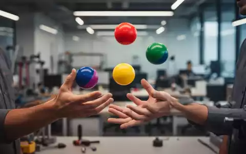 Hände jonglieren drei bunte Bälle in einem unscharfen, modernen Büroumfeld, symbolisierend mentale Fitness und Konzentration. - Foto: über boerse-global.de