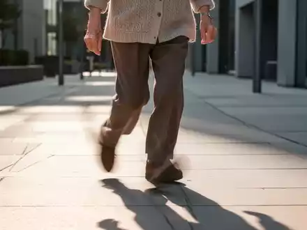 Eine ältere Person, deren Beine in schneller Bewegung auf einem Bürgersteig zu sehen sind, symbolisiert Agilität und Gesundheit. - Foto: über boerse-global.de