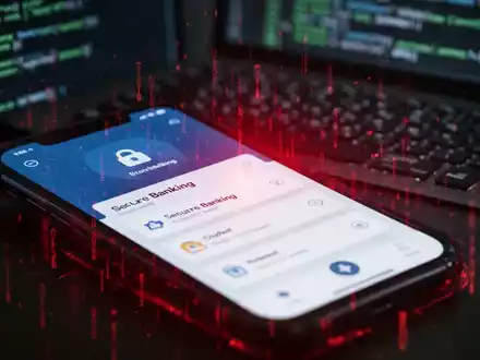 Nahaufnahme eines Smartphones mit einer Banking-App, überlagert von einem roten, digitalen Störsignal, das eine Cyberbedrohung symbolisiert. - Foto: über boerse-global.de