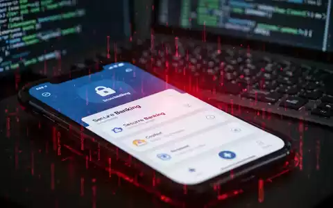 Nahaufnahme eines Smartphones mit einer Banking-App, überlagert von einem roten, digitalen Störsignal, das eine Cyberbedrohung symbolisiert. - Foto: über boerse-global.de