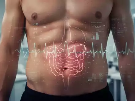 Nahaufnahme des menschlichen Torsos mit einer dezenten digitalen Darstellung von Stoffwechselmetriken, die die Reduzierung von Bauchfett symbolisieren. - Foto: über boerse-global.de