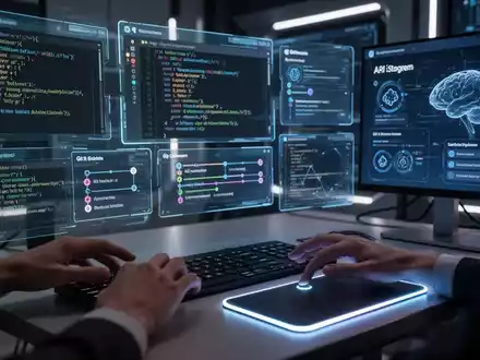 Futuristischer Schreibtisch mit holografischen Bildschirmen, die Code, Git-Branches und KI-Schnittstellen zeigen. - Foto: über boerse-global.de