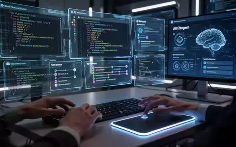 Futuristischer Schreibtisch mit holografischen Bildschirmen, die Code, Git-Branches und KI-Schnittstellen zeigen. - Foto: über boerse-global.de