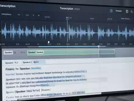 Nahaufnahme eines Computerbildschirms mit Transkriptionssoftware, Wellenform und bearbeitbarem Text. - Foto: über boerse-global.de