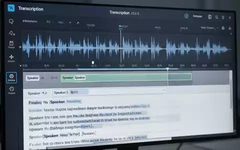 Nahaufnahme eines Computerbildschirms mit Transkriptionssoftware, Wellenform und bearbeitbarem Text. - Foto: über boerse-global.de