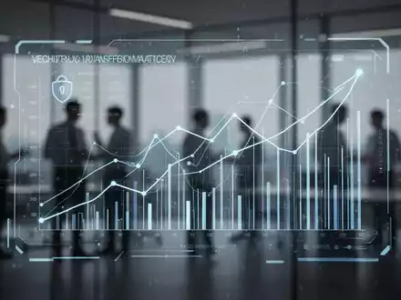 Eine digitale Benutzeroberfläche mit Daten und Diagrammen überlagert ein verschwommenes Büro, das Digitalisierung und Datenmanagement symbolisiert. - Foto: über boerse-global.de