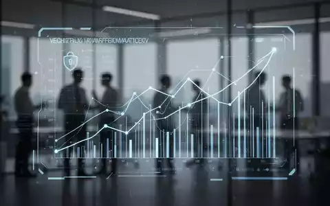 Eine digitale Benutzeroberfläche mit Daten und Diagrammen überlagert ein verschwommenes Büro, das Digitalisierung und Datenmanagement symbolisiert. - Foto: über boerse-global.de