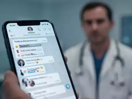 Ein verschwommenes Smartphone mit einer Chat-App im Vordergrund und dem unscharfen Gesicht eines Arztes im Hintergrund, symbolisiert eine Datenschutzverletzung. - Foto: über boerse-global.de