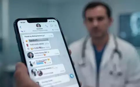 Ein verschwommenes Smartphone mit einer Chat-App im Vordergrund und dem unscharfen Gesicht eines Arztes im Hintergrund, symbolisiert eine Datenschutzverletzung. - Foto: über boerse-global.de