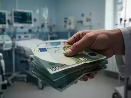 Eine Hand zählt Geldscheine vor einem unscharfen Hintergrund mit medizinischen Geräten, symbolisierend Einsparungen im Gesundheitswesen. - Foto: über boerse-global.de