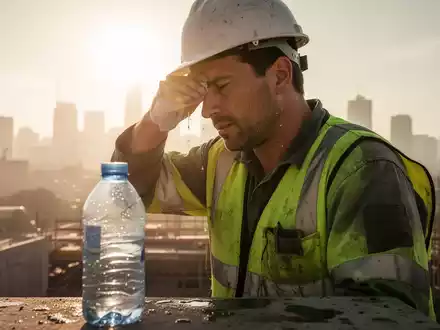 Ein Bauarbeiter wischt sich unter der sengenden Sonne den Schweiß von der Stirn. Eine Wasserflasche steht im Vordergrund. - Foto: über boerse-global.de