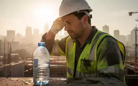 Ein Bauarbeiter wischt sich unter der sengenden Sonne den Schweiß von der Stirn. Eine Wasserflasche steht im Vordergrund. - Foto: über boerse-global.de