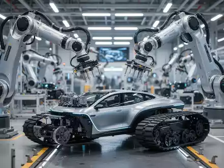 Roboterarme montieren Teile eines autonomen Bodenfahrzeugs in einer modernen Fabrik. Fokus auf deutsche Robotik und KI-Entwicklung. - Foto: über boerse-global.de