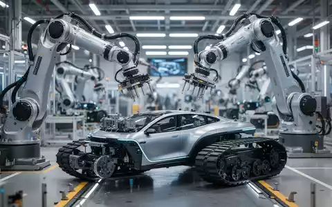 Roboterarme montieren Teile eines autonomen Bodenfahrzeugs in einer modernen Fabrik. Fokus auf deutsche Robotik und KI-Entwicklung. - Foto: über boerse-global.de