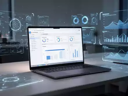 Ein modernes Büro mit Laptop, der digitale Produktivitätstools und KI-Visualisierungen anzeigt, um Weiterbildung und Effizienz zu symbolisieren. - Foto: über boerse-global.de
