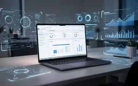 Ein modernes Büro mit Laptop, der digitale Produktivitätstools und KI-Visualisierungen anzeigt, um Weiterbildung und Effizienz zu symbolisieren. - Foto: über boerse-global.de