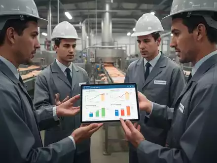 Arbeiter in einer Lebensmittelverarbeitungsanlage diskutieren, während sie ein Tablet mit Lohnvergleichsdiagrammen betrachten. - Foto: über boerse-global.de