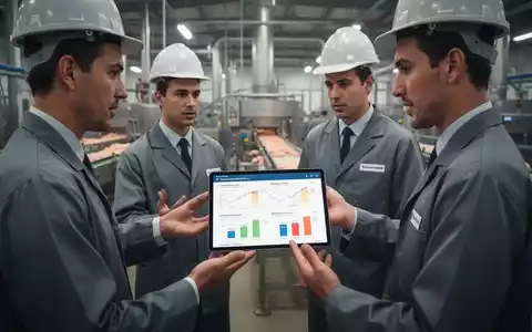Arbeiter in einer Lebensmittelverarbeitungsanlage diskutieren, während sie ein Tablet mit Lohnvergleichsdiagrammen betrachten. - Foto: über boerse-global.de