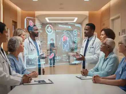 Eine Gruppe von Ärzten und Patienten diskutiert um eine holographische Schnittstelle, die medizinische Daten und Wellness-Indikatoren anzeigt. - Foto: über boerse-global.de