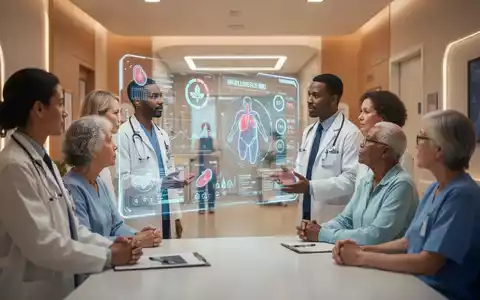 Eine Gruppe von Ärzten und Patienten diskutiert um eine holographische Schnittstelle, die medizinische Daten und Wellness-Indikatoren anzeigt. - Foto: über boerse-global.de