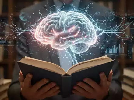 Ein stilisiertes, leuchtendes Gehirn mit digitalen neuronalen Netzen und Hände, die ein Buch halten, symbolisieren Gedächtnistraining und kognitive Gesundheit. - Foto: über boerse-global.de