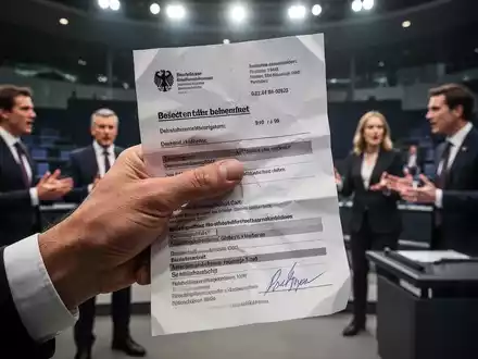 Eine Hand zerknüllt einen Arbeitsvertrag vor dem verschwommenen Hintergrund einer politischen Debatte im Bundestag. - Foto: über boerse-global.de