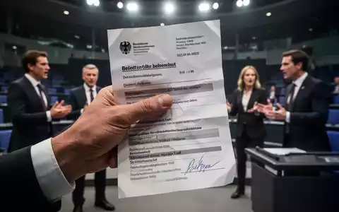 Eine Hand zerknüllt einen Arbeitsvertrag vor dem verschwommenen Hintergrund einer politischen Debatte im Bundestag. - Foto: über boerse-global.de